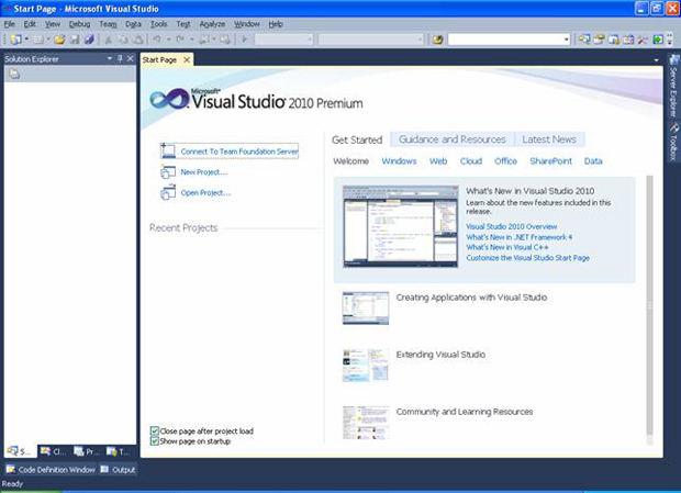 Стартовая страница Visual Studio 2010
